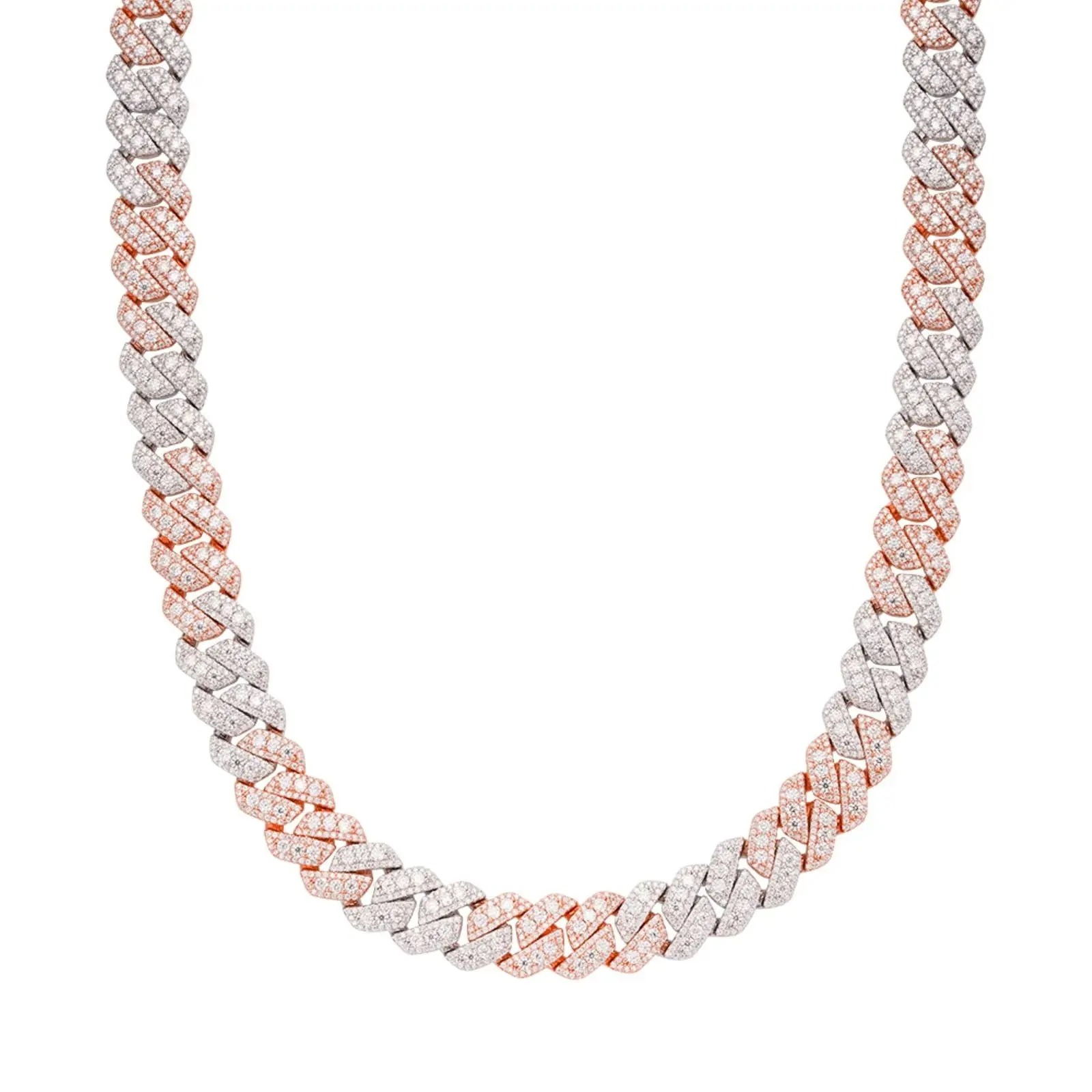 12MM Moissanite Iced Out Cuban Chain 2 Tone Rose Link 925 Sterling Silver Icy