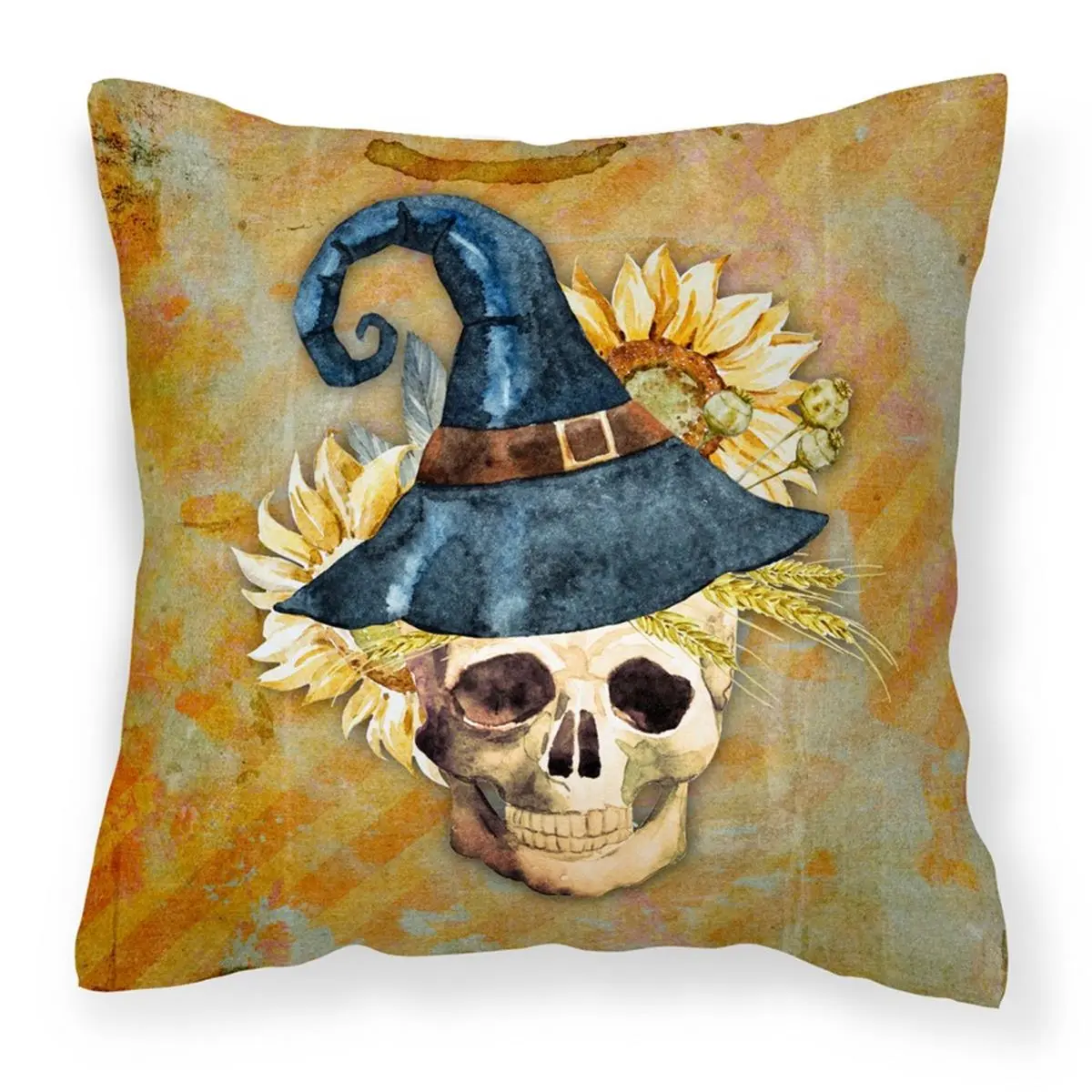 Day of the Dead Witch Skull Fabric Decorative Pillow - 14 x 3 x 14 in.