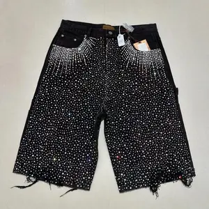 2025 Trendy Streetwear Mens Vintage Rhinestone Sequin Denim Shorts Y2K Jeans Hip Hop Baggy Denim Gym Shorts Casual Basketball Shorts