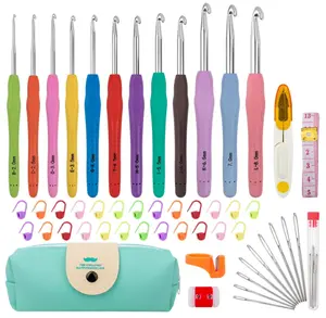 Crochet Hooks 12 Sizes Crochet Hook Set, 51 Pack Yarn Crochet Kit for Beginners, Knitting Needles with Ergonomic Handles for Arthritic Hands, Crochet Needle Kit with Blue Case for Crocheters