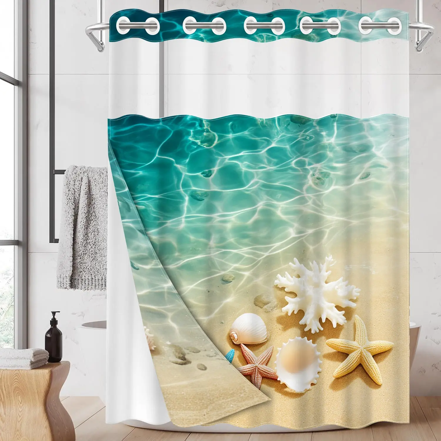1pc hookless Decorative shower curtain with buckle lining, blue and yellow sand beach starfish and seashell design, 2D flat printing, fabric waterproof lining, see-through double-layer shower curtain, modern home draping curtain, Modern bathroom decor