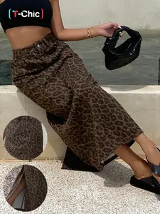 Women's New Trendy Chic Fashion Midi Skirt, Elegant Leopard Print Denim Washed Craft, Long Fitted Bottom Skirt for Fall, Stylish Casual Wear Womenswear