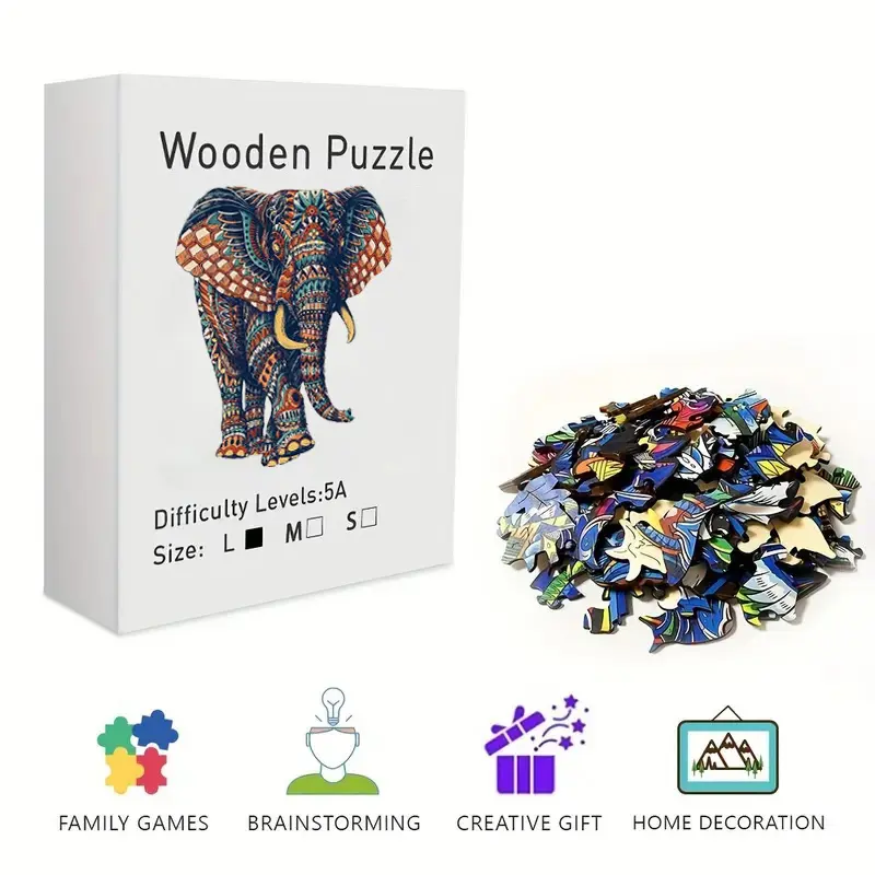 Mandala Art Elephant Motif Wooden Jigsaw Puzzle - Irregular, High-Difficulty Brain Teaser for Adults, Stress Relief & Gifting with Wooden Pieces