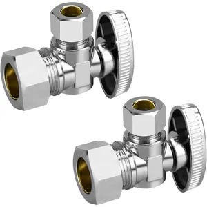 Stop Valves, 2 Pack 1/2" × 3/8" Angle Stop Valve, 1/2" Nominal (5/8" OD Comp.) Angle Input, 3/8" OD Compression Output, 1/4 Turn, Chrome Plated Brass for Kitchen, Faucet, Toilet Valves
