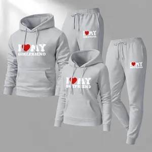Couple's I Love MY Print Hooded Sweatshirt and Drawstring Sweatpants Set, Casual Sportswear, Long-Sleeve Hooded Jacket and Pants, Suitable for Autumn, Winter, and Spring, Everyday Wear, Tracksuit, Casual Athletic Wear