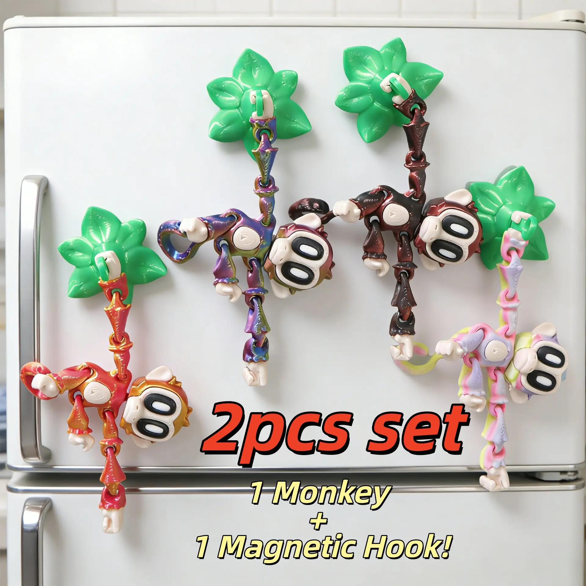 1PC 3D Printed Articulated Monkey Fridge Magnet, Colorful Hinged Animal Decor Ornament, C Magnetic Decoration Refrigerator Decorating Magnet for Home Kitchen Office