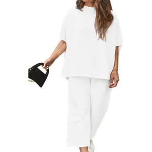 Imily Bela Essentials Women's Plus Size 2 Piece Outfits 3/4 Batwing Sleeve Capelet Crew Neck Pullover Top Wide Leg Pants Lounge Set