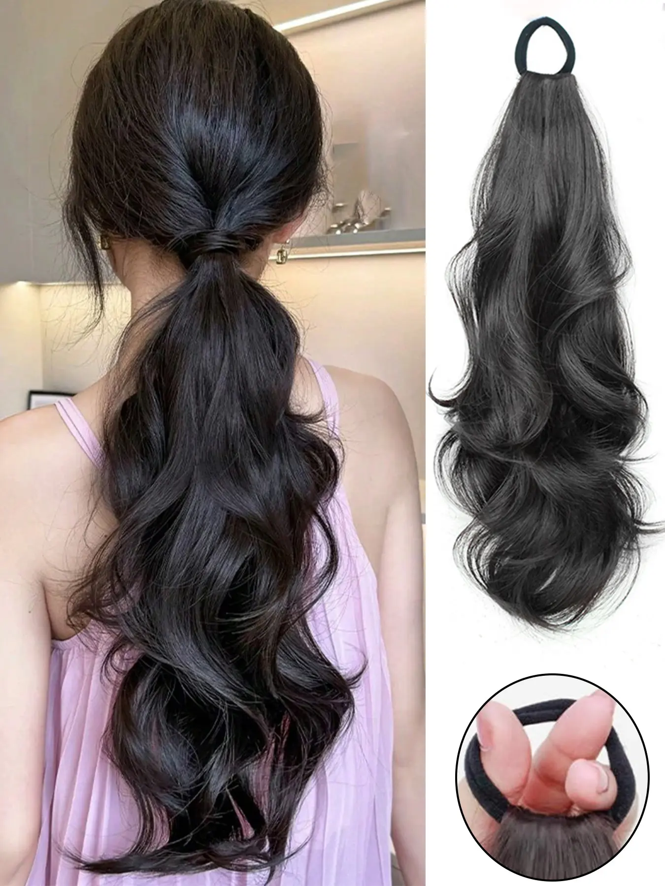 18 Inch Curly Ponytail Extension with Elastic Tie Resistant Synthetic Wavy Hairpiece Ponytail Hair Extensions Wave Fake Ponytail Hairpieces for Women Daily Wear Wavy Curly Ponytails