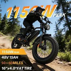Electric Mountain Bike 1150W Peak Power 48V 15.6Ah Battery 16x4.0 Fat Tire Full Suspension High-Carbon Steel Frame 50-60 Miles Range ebike off-road US Rider Favorite big wheel Motorcycle electric bike