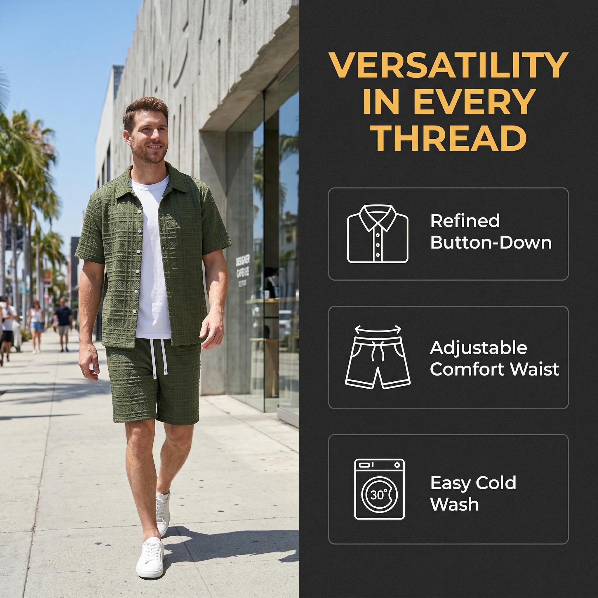 Men's 2 Piece Outfit, Textured Knit Button Down Shirt & Shorts Set for Summer