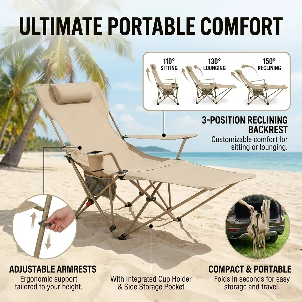 Foldable Reclining Camping Lounge Chair with Detachable Footrest, 3-Position Adjustable Backrest, 280 LBS Heavy Duty Metal Frame, Built-in Cup Holder & Side Storage Pocket, Portable Outdoor Lawn Beach Fishing Fold Up Recliner Chair