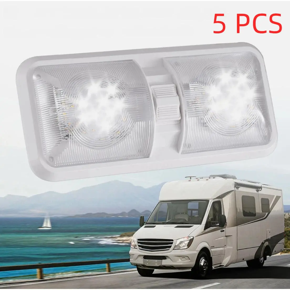 5 Pack 12V Double Dome Ceiling Lights, Plastic 48-SMD LED Fixtures for RV Trailer with On/Off Switches, Energy Efficient, 1200LM Natural White, 2 Wires, 48 Pcs Smd2835 Led Bulbs, 5 Pcs, 50,000 Hours, 5Pcs Double Dome Light, 600Lumens, On/Off Switch, Conve
