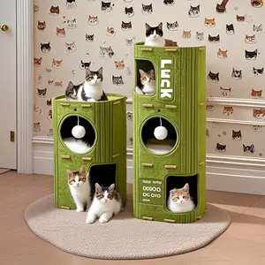 Space-Saving Tall Cat Condo – 3 Private Hideout Holes, Interactive Hanging Ball Toy, Durable Non-Shedding Material, Cute Locker Aesthetic, Satisfies Cats’ Climbing, Hiding & Scratching Instincts