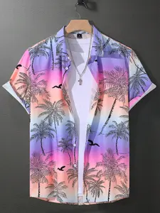 Colorful summer short-sleeve shirt for men with beach tropical tree prints, perfect for Sunny summer vacations, button-front, fun for family matching outfits