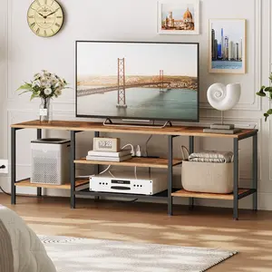 HOOBRO TV Stand with Power Outlets to 75 Inches, TV Console Table with Open Storage Shelves Cabinet, Industrial Media Entertainment Center for Living Room Bedroom, Rustic Brown and Black Furniture #SummerVibes