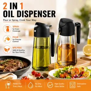2 Pack 16oz Olive Oil Dispenser & Sprayer Set, 2-in-1 Glass Oil Mister Bottle for Cooking, Air Fryer, BBQ & Salad Dressing with Labels and Precision Spray Control