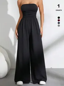 Women's Strapless Sleeveless Wide Leg Jumpsuit, High Waist Slimming Design, Loose Fit Drape Style, Perfect for Casual Wear & Stylish