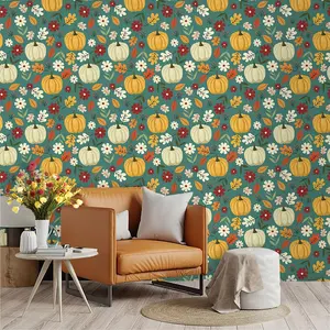 Autumn Theme Pumpkin Plant Flower Wallpaper, Retro Ink Base, PVC Material, Peel and Stick, Kitchen/living Room/bedroom Decor