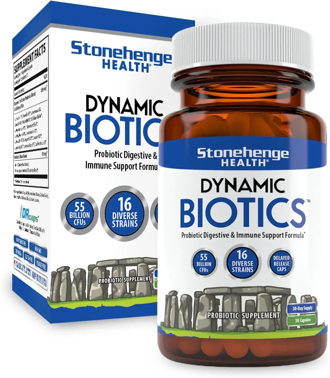 Stonehenge Health Probiotic Supplement, 55B CFU Gut Support, 16 Strains + Prebiotics, Non-GMO/GMO-Free, Vegan, Digestive & Gastrointestinal Support