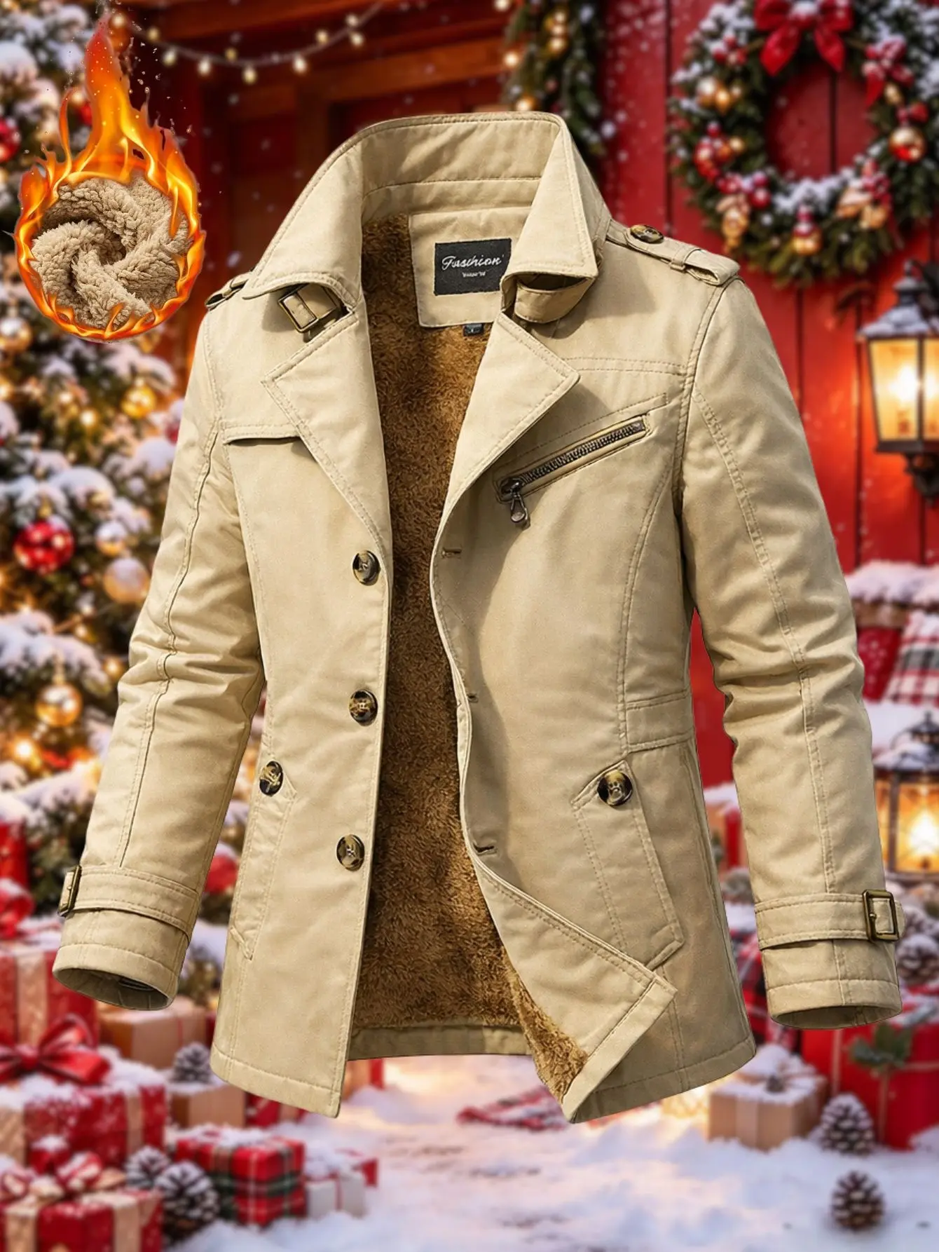 Men’s winter thickened workwear jacket with turn-down collar, shoulder buckle design, fleece lining—warm and comfortable for everyday wear in autumn and winter.