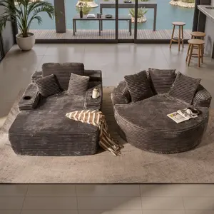 HOOOWOOO Boneless Chaise Lounge & Round Couch Soft Plush Corduroy Lazy Sofa with Throw Pillows,Upholstered Sofa Bed No Assembly, Indoor Home Design【2 Packages Shipping】