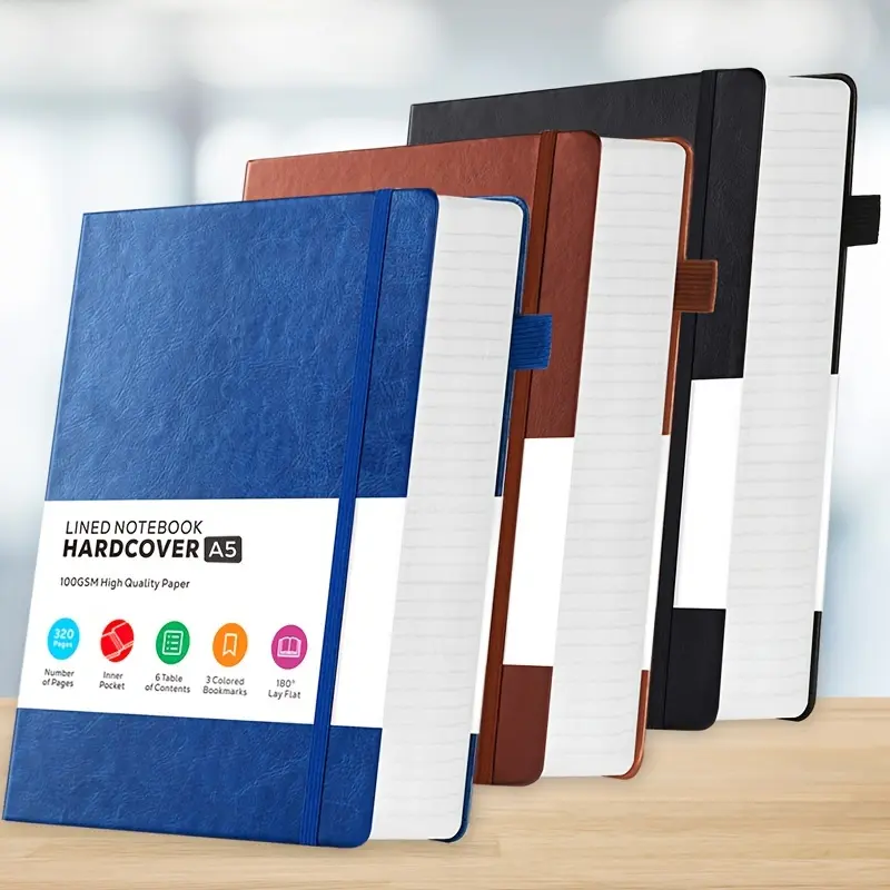 3pcs A5 Hardcover Faux Leather Journals - 100GSM Thick No-Bleed Paper, Inner Pocket, College Ruled, 5.7"×8.4" Campus Notebooks for School, Office, Campus Notebook