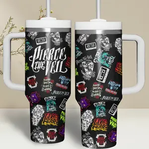 Pierce The Veil 40oz Tumbler With Handle, Emo Rock Band Fans Cup, Post Hardcore Music Graphic Mug, Scene Aesthetic Stainless Steel Travel Tumbler, Insulated Leakproof Gift For Music Lovers