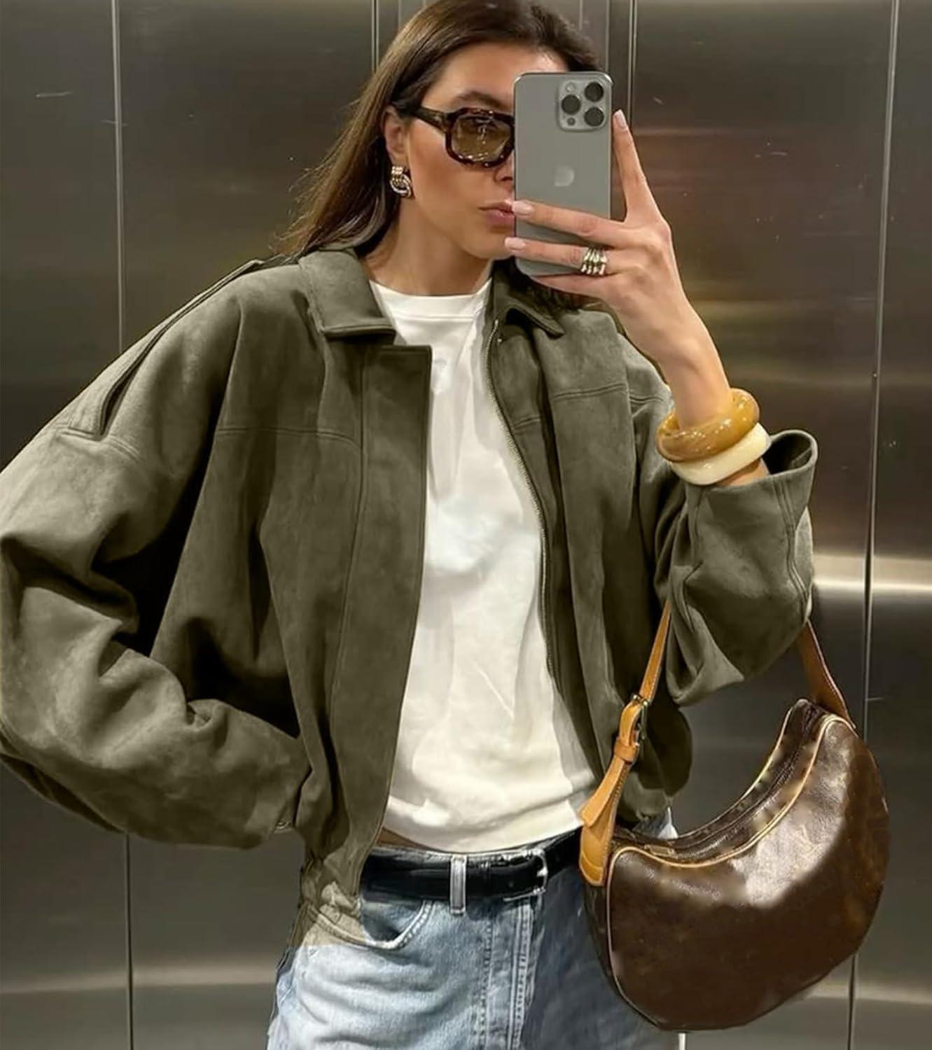 Women's Suede Bomber Jacket Spring Lapel Pilot Coat Casual Oversized Long Sleeves Trendy Streetwear