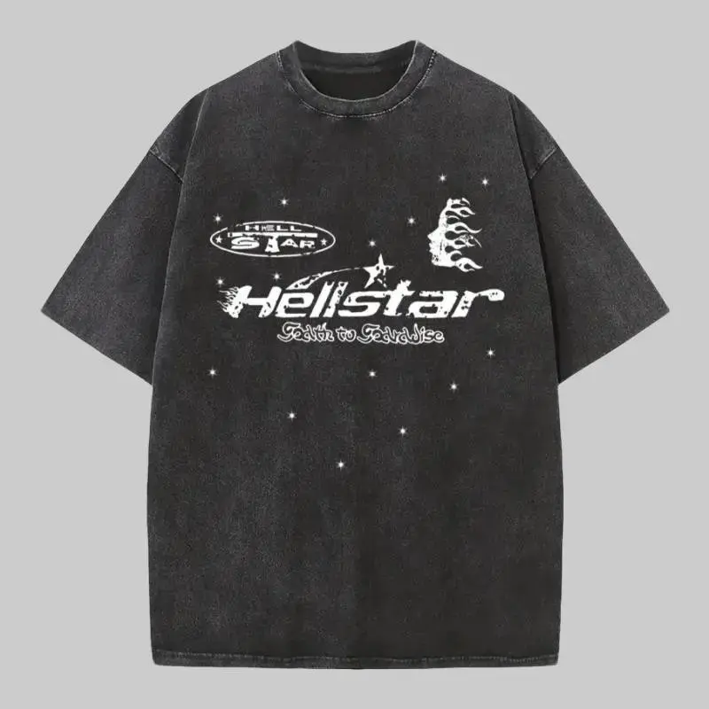 Summer Casual Vintage Acid Wash Hellstar Earth To Paradise Oversized T Shirt Cyber Y2K Opium Core Dark Grunge Streetwear Hardcore Gym Pump Cover Distressed Heavyweight Cotton Aesthetic Retro Graphic Men Women Top