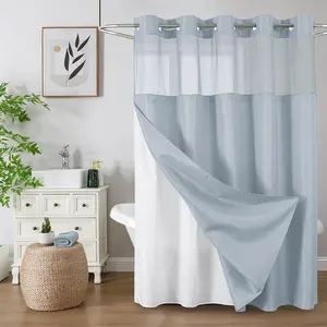 No Hook Shower Curtain with Snap in Fabric Liner, Waffle Weave Heavy Duty Thick Shower Curtains with Mesh Top Window, Hotel Style Waterproof Bathroom Curtain Set, 72 x 75 Inch, Fog Blue