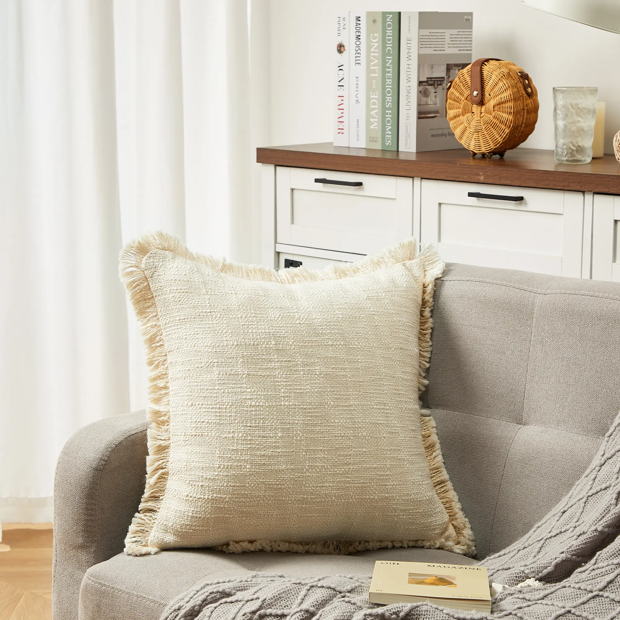 Cream White Textured Throw Pillow with Fringe, 18×18" Cotton Pillow with PP Cotton Fill, Boho Accent Cushion for Couch, Bed & Living Room Decor