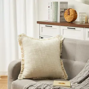Cream White Textured Throw Pillow with Fringe, 18×18" Cotton Pillow with PP Cotton Fill, Boho Accent Cushion for Couch, Bed & Living Room Decor