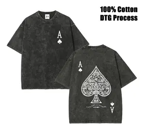 'LUCK AND STRENGTH'  Letter And Ace Of Spades Pattern Print, Men's T-Shirt Retro Washed T-Shirt  DTG Process Unisex Loose-Fitting T-shirt, Washed Casual Top (100% Cotton, 280g), Smooth Fabric, Minimalist Style, Street Style, Classic T-shirt