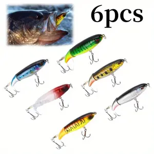 6pcs Whopper Fishing Lure for Bass Popper Top Water Fishing Lures with Floating Rotating Tail Barb Treble Hooks in Saltwater
