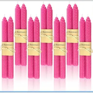 14 Pack Beeswax Taper Candles,Handmade Bees Wax Candle for Home, Dripless & Unscented Candle Sticks, 9" Tall, Hot Pink Beeswax Candles