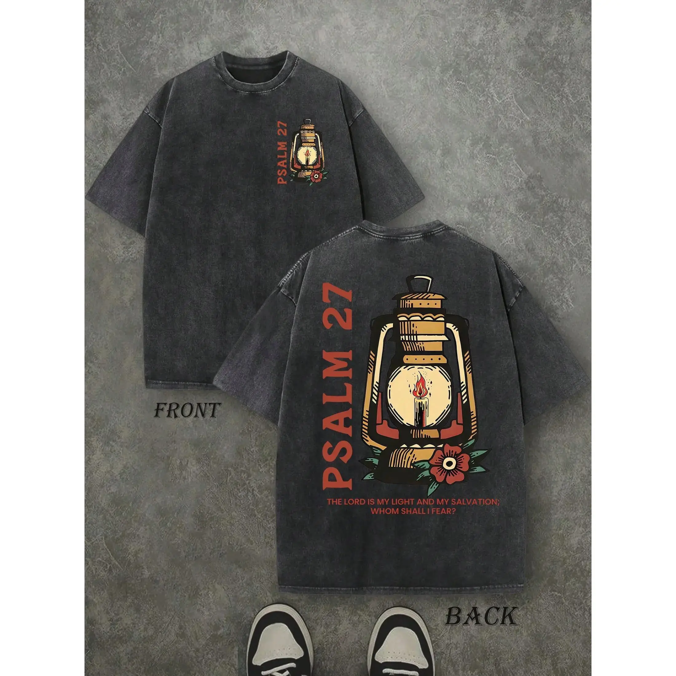 Retro Washed T-Shirt Double Sided Printed (230 Pure Cotton T-Shirt) 'PSALM 27 THE LORD IS MY LIGHT' Letter And LIGHT Patterns Print, Men's T-Shirt, Men's Casual, Comfortable, Fashionable T-Shirt, Street Style Cotton