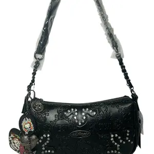 Ed Hardy Black Skull Embossed Rhinestone Y2K Shoulder Purse