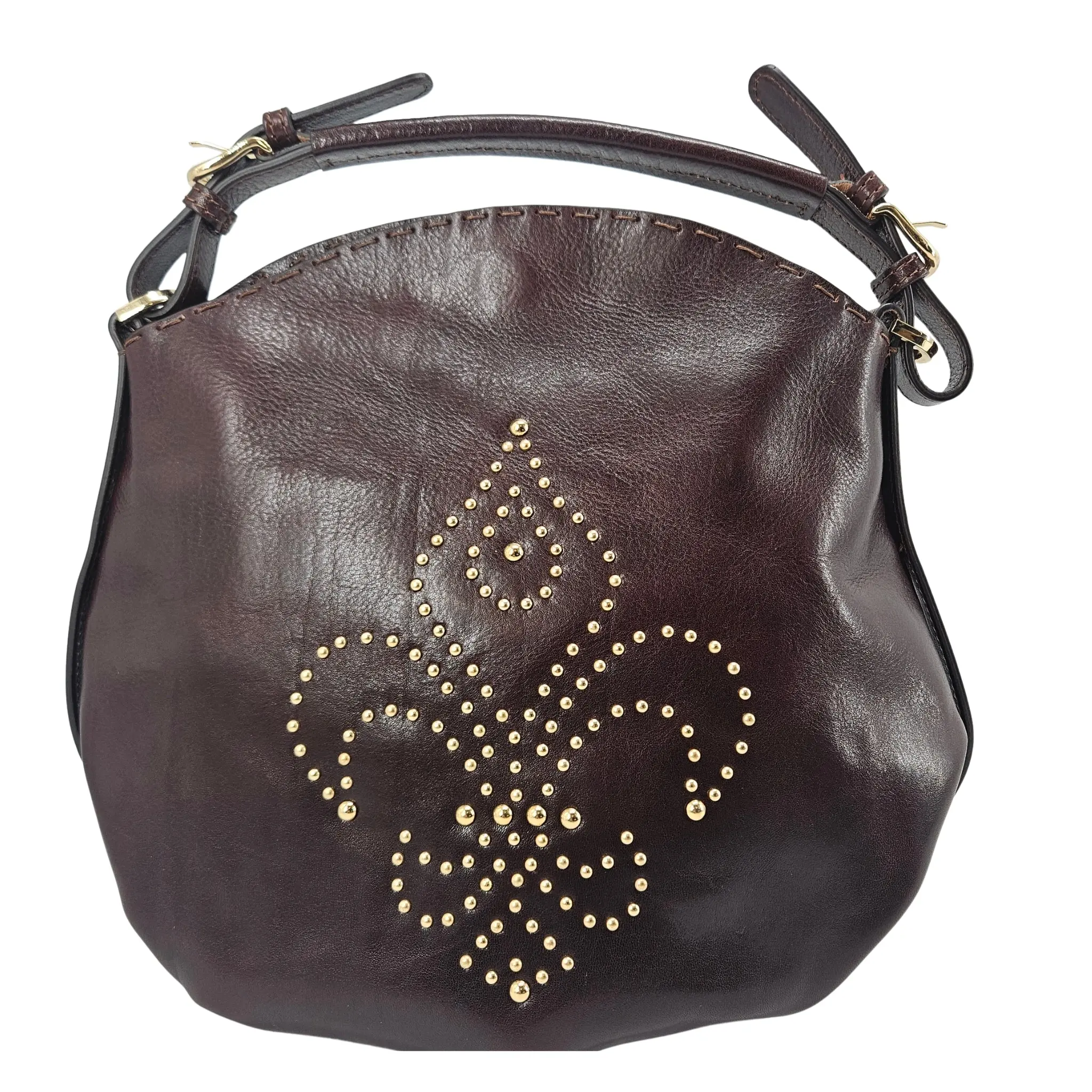 Brown Studded Leather Fleur de lis Shoulder Bag
