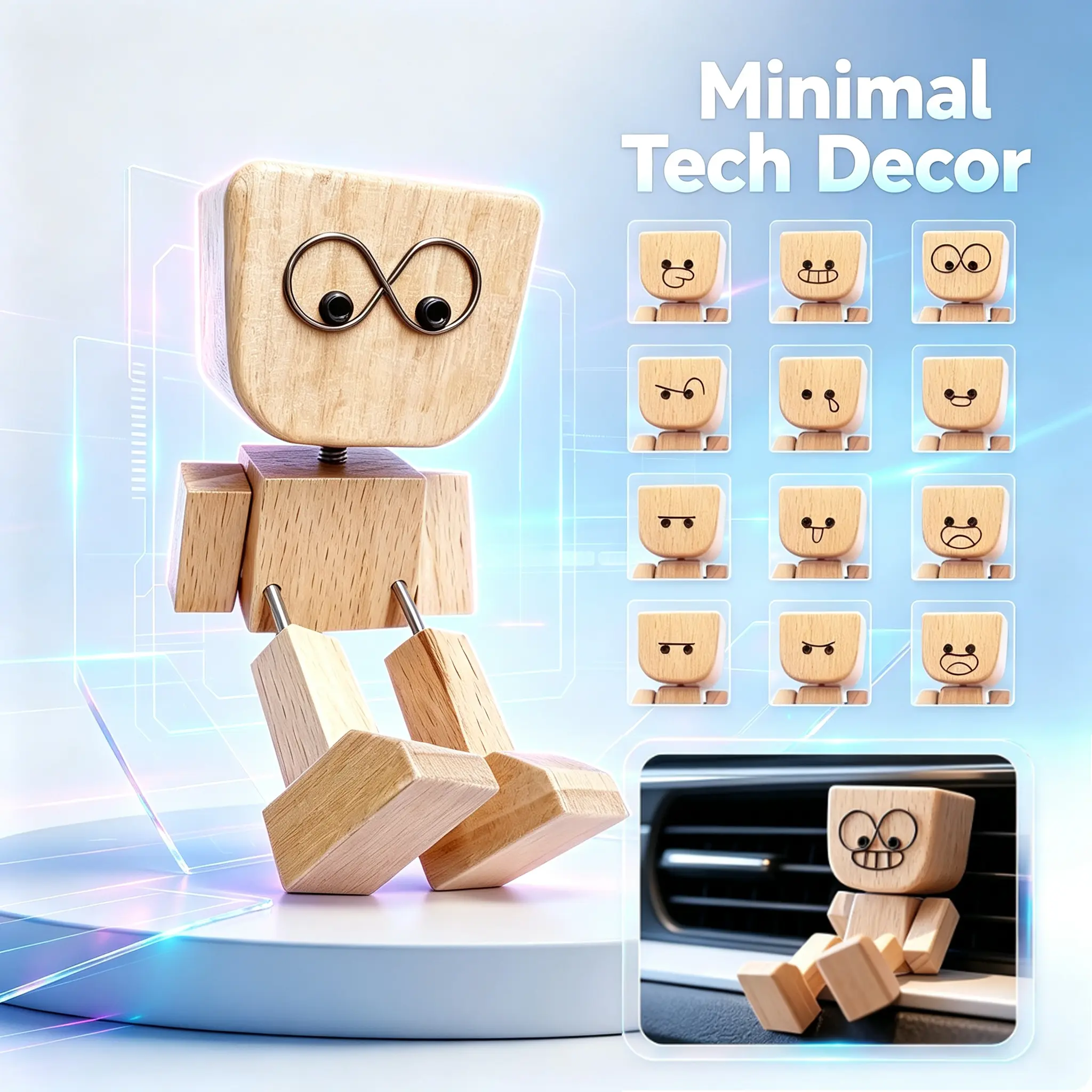 Shaking Wooden Man, Shaking Wooden Man Figurine for Car Dashboard, Handmade Shak Feet Woodens Doll, Funny Cars Ornaments Wood Desktop Decor, Car Dashboard Accessories with 12PCS Magnetic Expressions, Car Trinkets, Car Decorations