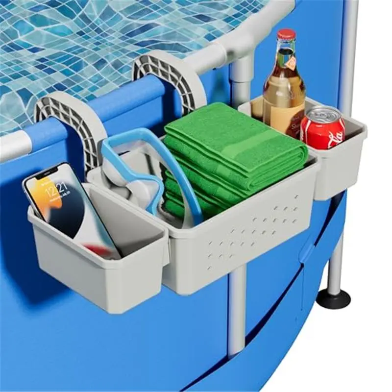 [Patented] Poolside Storage for Above Ground Pool Accessories, Thickened Plastic Pool Basket with 2 Pool Cup Holder, Multifunctional Poolside Holder Fits for Most Frame Pools (1 Pack)