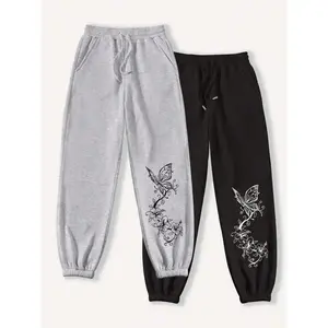 [2pcs Comfy Graphic Jogger Pants] 2pcs Women's Love & Butterfly Graphic Jogger Pants - Casual Drawstring Waist, Comfy Polyester Sweatpants with Pockets, Machine Washable - Black & Gray