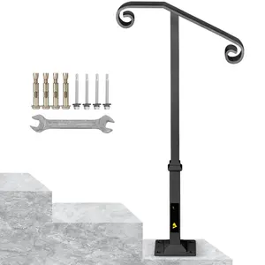 Outdoor Steps Handrails: Fits 1 or 2 Steps, Single Post Wrought Iron Stair Railing In Gray, Transitional Porch Railings for Concrete or Wooden Steps with Base, Weather-Resistant, Durable Outdoor Safety Railing