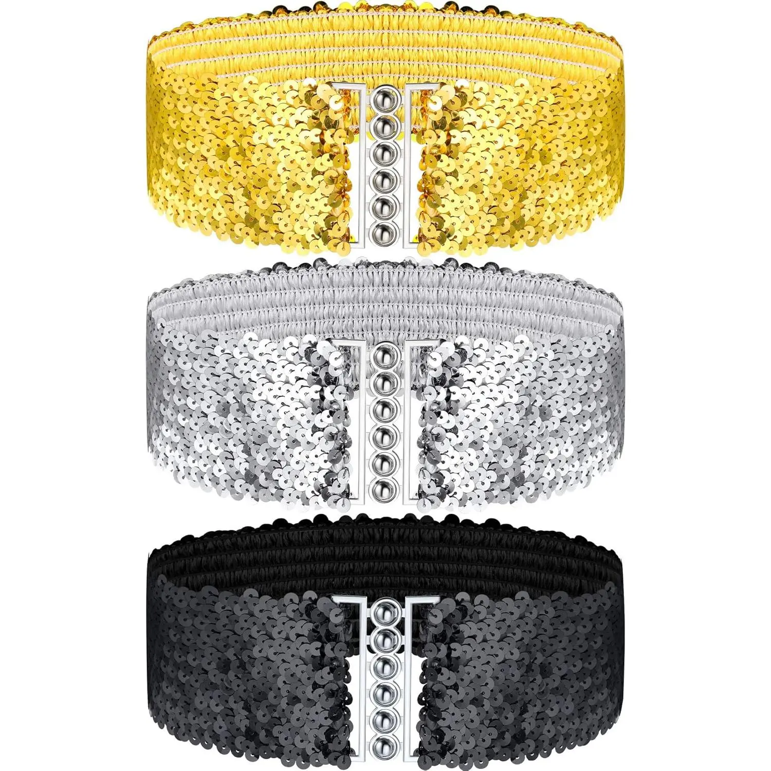 3 count Sequin Belt for 70s 80s Costume Party, Disco Party Costume Wide  Elastic Cinch Belt Cheerleader Stretchy for Women Girl Metal Buckle Glitte (  Black)