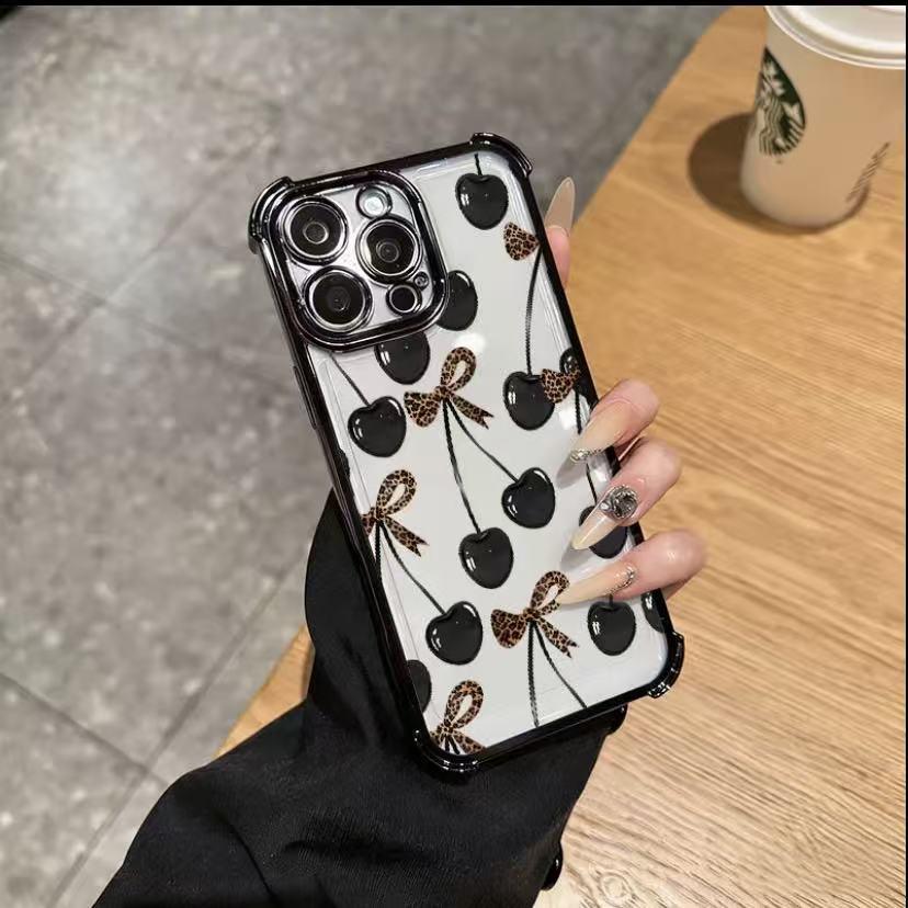 Elegant cherry pattern phone case, four corner airbag anti drop protection, anti yellowing electroplating ultra-thin TPU material, suitable for iPhone 17Pro Max Air 16 15 Plus 14 13 12 11 XR XS and Samsung Galaxy S25 S24 S23 S22 phone cases. A17