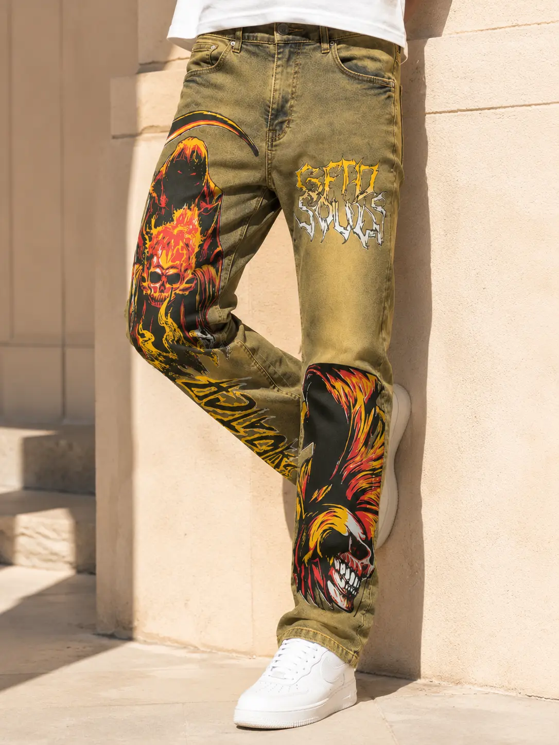 Men’s Vintage Wash Graphic Jeans, Flame Skull Reaper Print Straight Leg Denim Pants, Streetwear Casual Jeans High Street Style Loose Original Streetwear, All Seasons