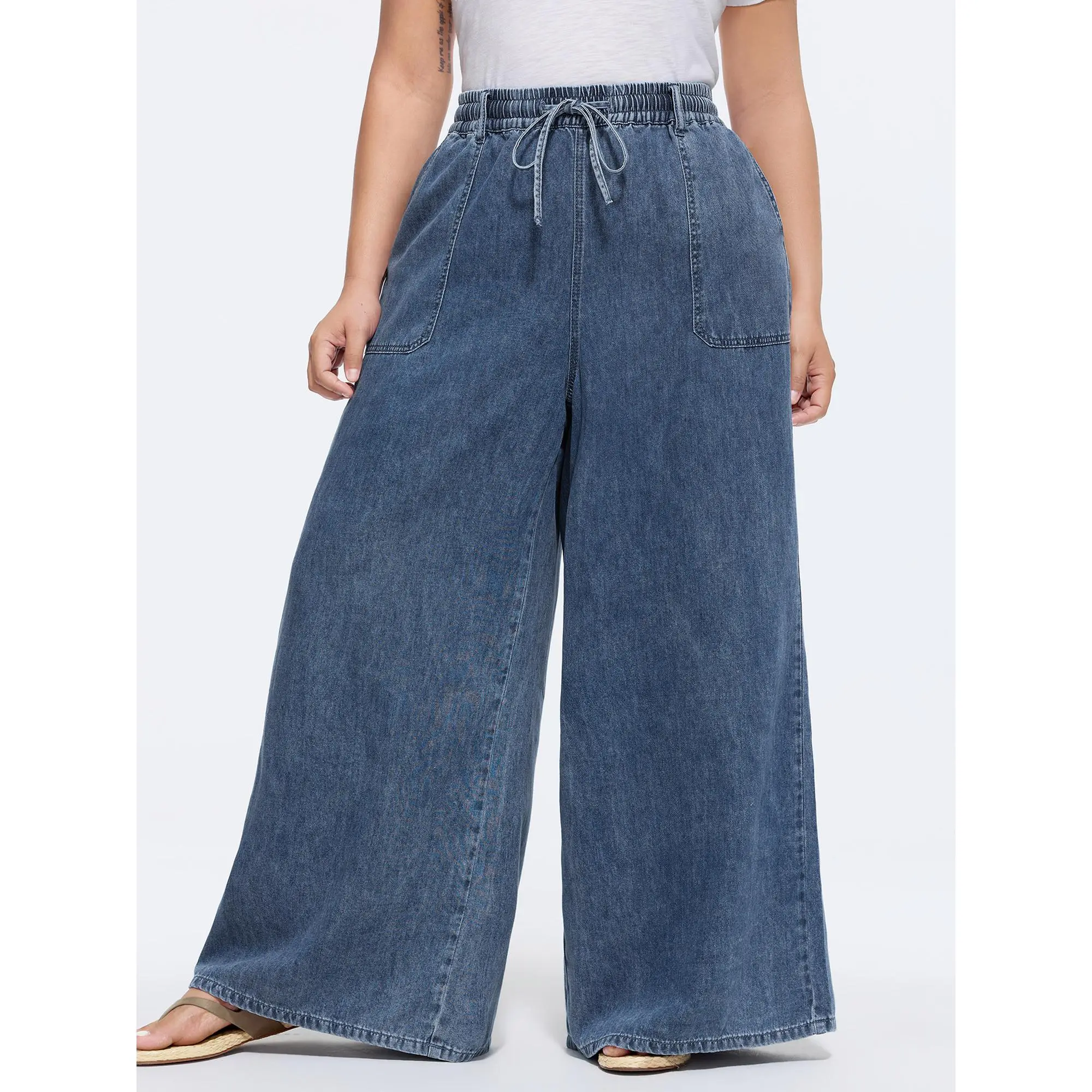 BloomChic Women's Plus Size Cotton Denim Wide-Leg Tall Waist Jeans - Comfy Breathable Fabric, Belted Pull-On Elastic Waistband, Solid Basic, Mid Blue, Patch Pockets, Curvy Women's Clothing, Everyday Summer Casual, Sizes 14/1x,18/2x,22/3x, Bottoms, Simple