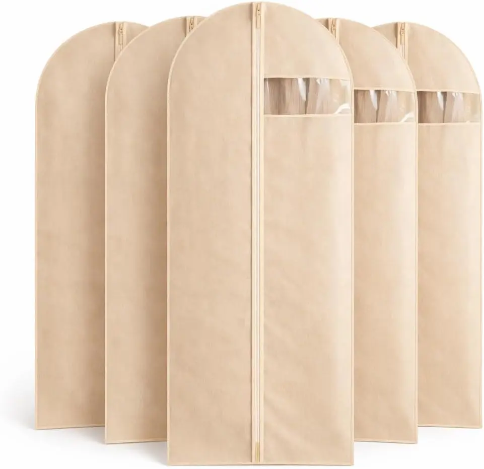 5-Pack Non-Woven Garment Bags for Hanging Clothes, Breathable Closet Storage Covers with Clear Window for Suits, Coats & Dresses