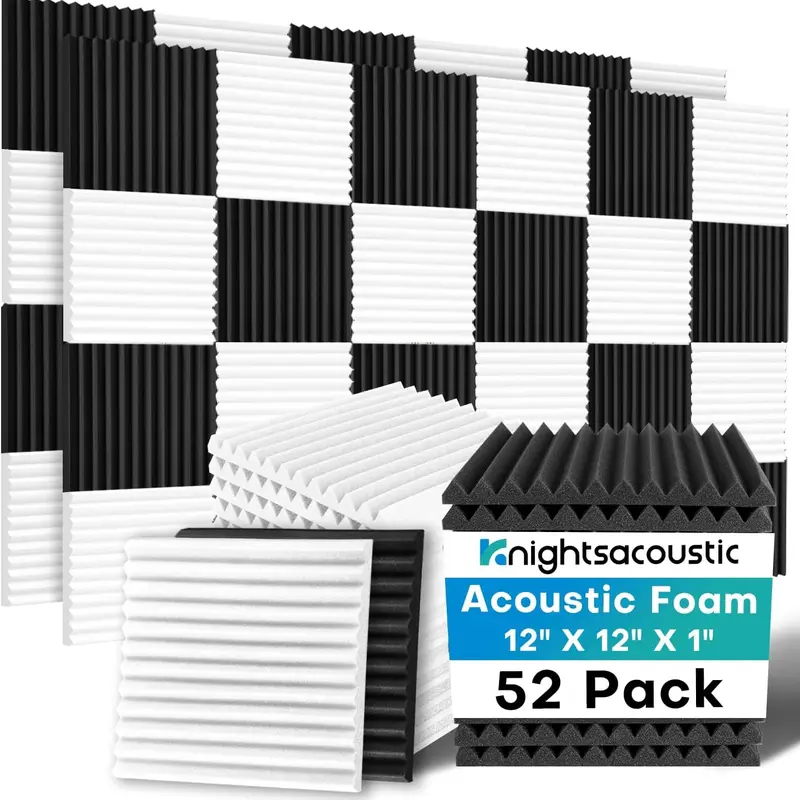 52-Pack 1in High-Density Soundproof Foam Panels, 1x12x12in Sound-Absorbing Wedges for Wall Soundproofing, Sound Insulation & Noise Control in Recording Studios (Adhesive Not Included, 3-5h Recovery, Soak+Dry Revive, Odor-Free)