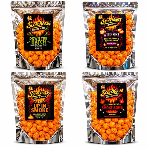 4 Pack Bundle Scorcheeze Flavor Bundle - Downt The Hatch, Wild Fire, Up In Smoke, Smoke Bomb - Scorcheeze Cheese Ball Bundle - Cheese Puffs - Cheese Puff Snack