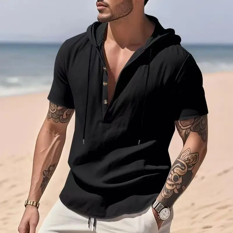 Men's Shortsleeve Hooded Henley Shirts - Plain Menswear, Button V-Neck, Drawstring, Lightweight, Wrinkle-Resistant, Loose-Fit, Breathable Casual Summer Beach Tops, Baggy